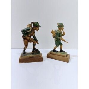2 VTG Toy Sculpture Bavaria Alps Hunter Hand Painted Poly-Resin Leather Backpack